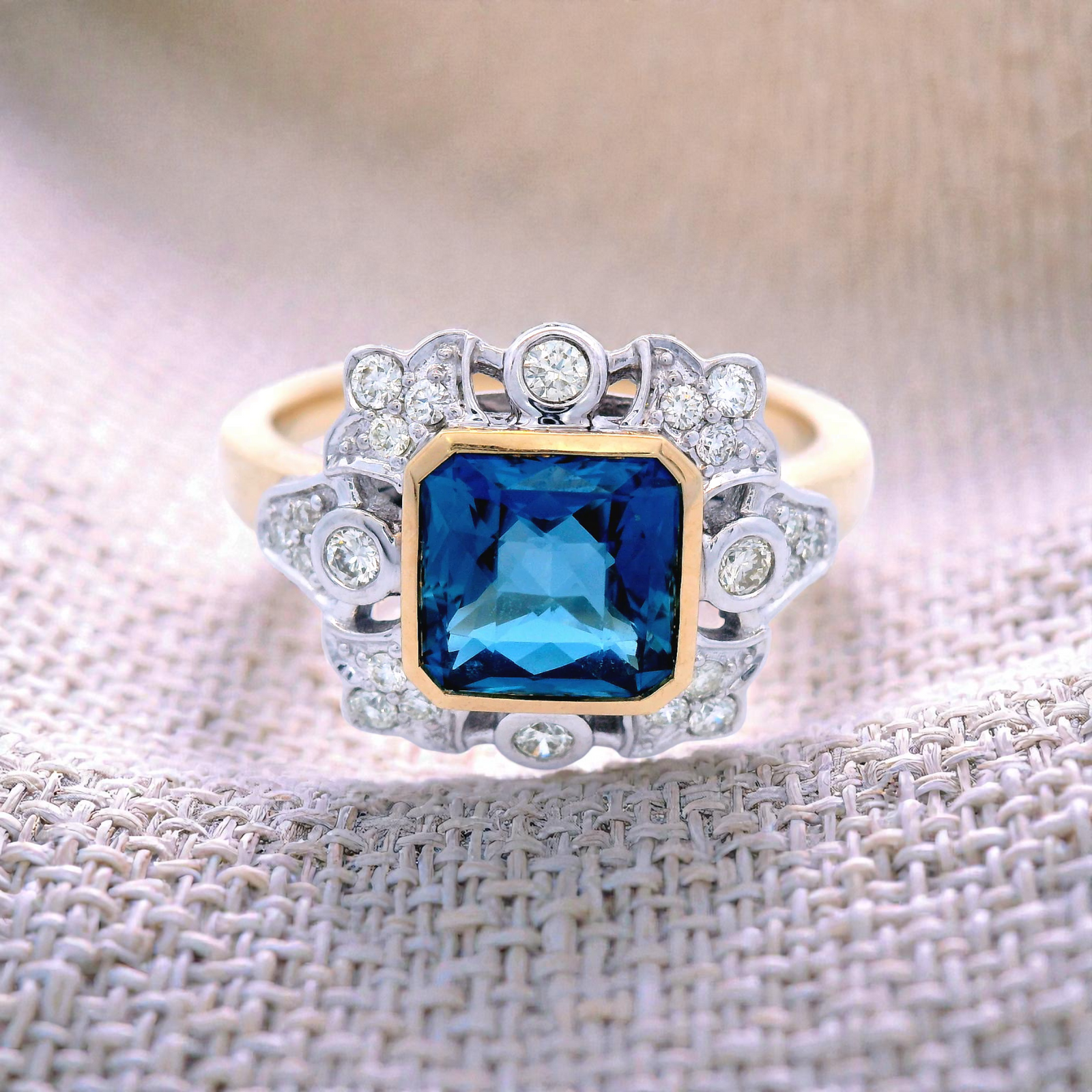 9 Carat Yellow Gold Diamond and London Blue Topaz Ring
