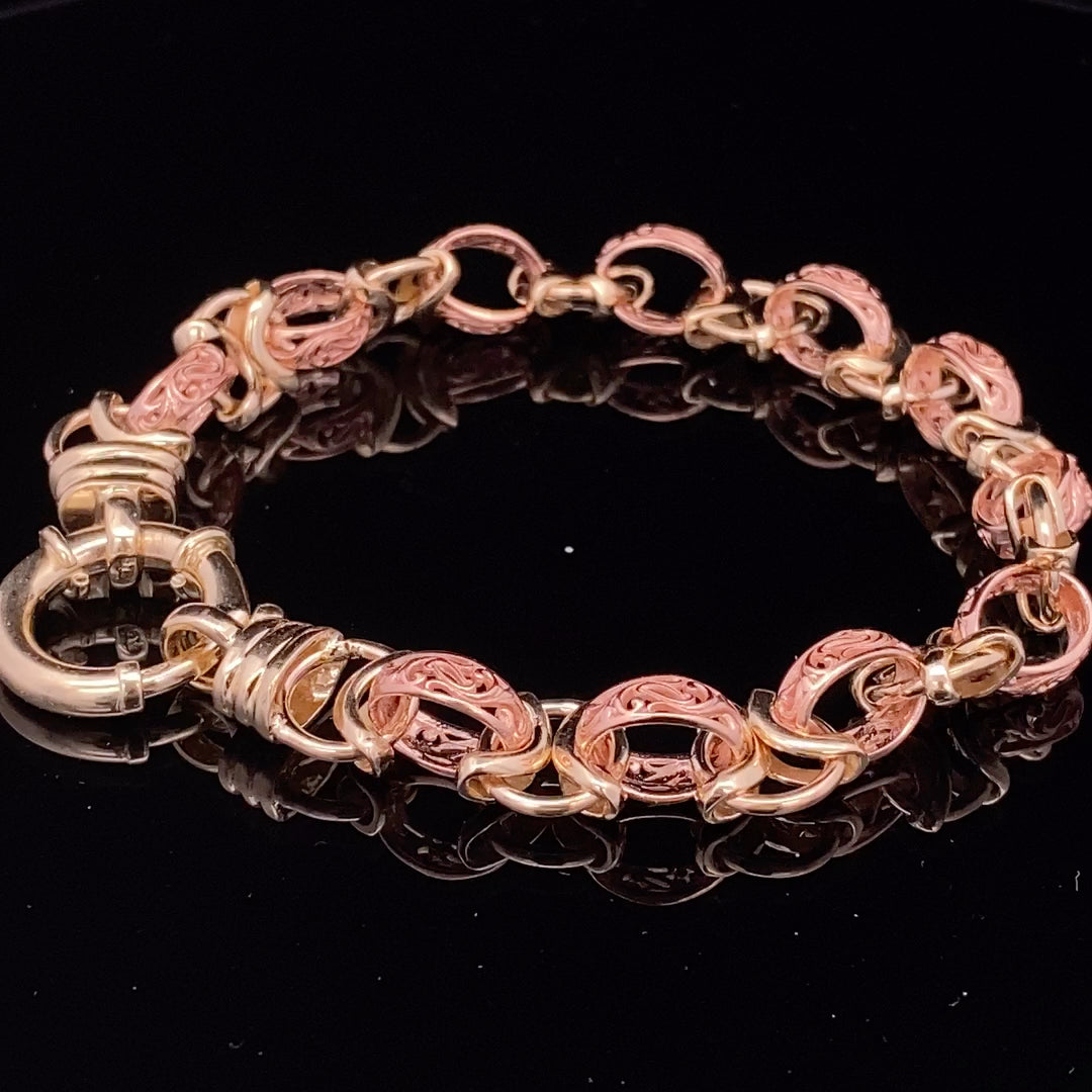 Fancy Engraved Belcher Link Bracelet in Yellow Gold and Pink Gold