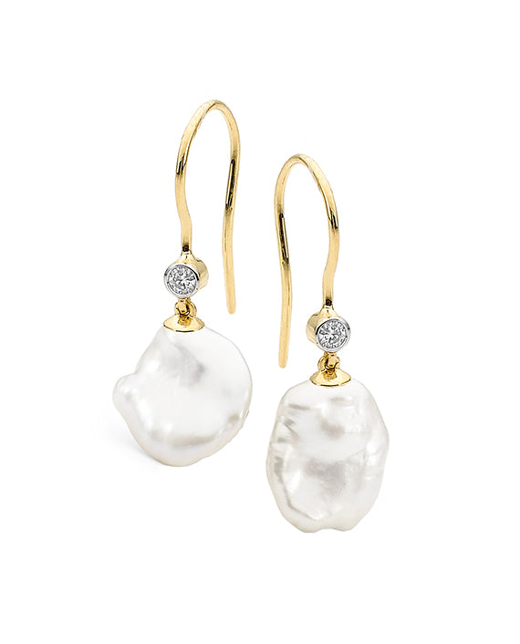 White Keshi Pearl and Diamond Shepherd Hook Earrings