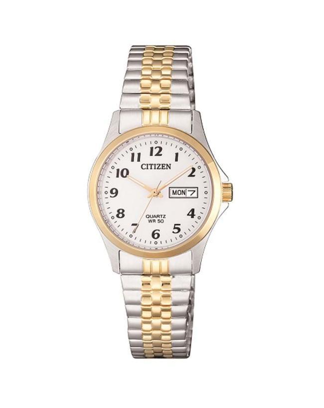 Ladies Two-tone Stainless Steel Bracelet Citizen Watch with Day and Date. 50 Metres Water Resistant.