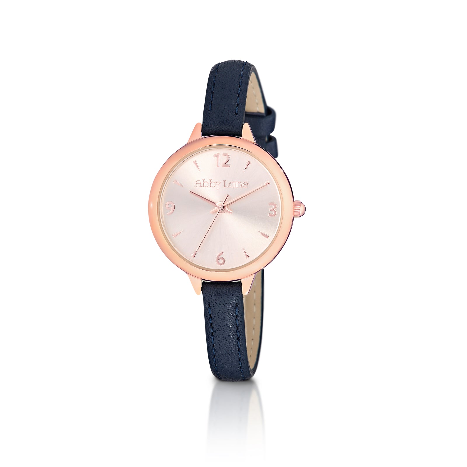 Abby Lane 'Charlotte' Collection Ladies Gold Watch Rose Goldtone Case with Rose Gold Dial and Rose Gold Accents Navy Leather Strap