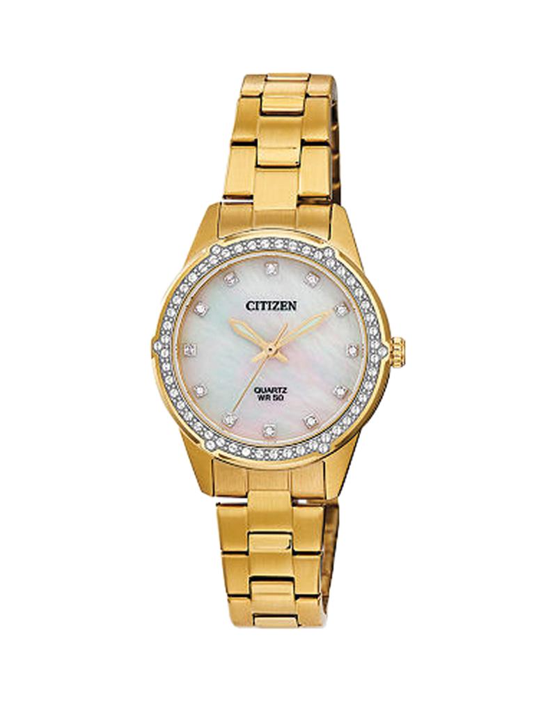 Ladies Citizen Gold Watch set with Crystals and Mother of Pearl Dial