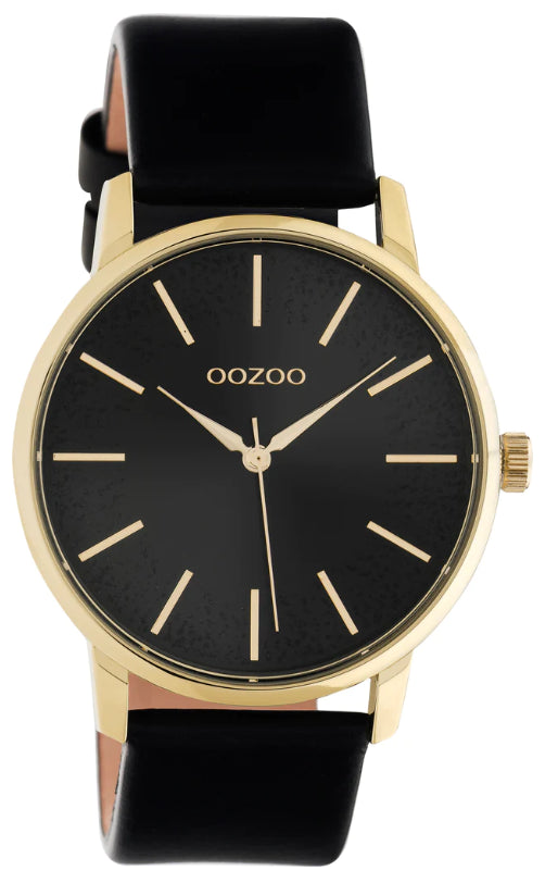 OOZOO Womens 40mm Black and Gold Watch with Leather Band