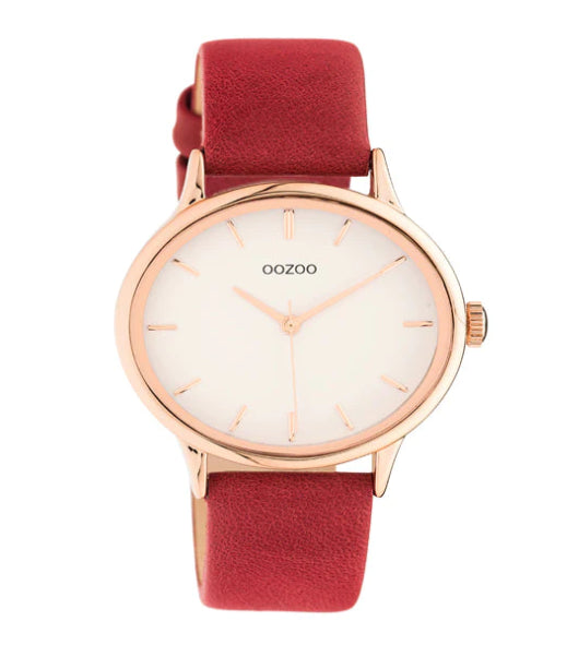 OOZOO Womens Rose Gold Watch with Red Leather Band