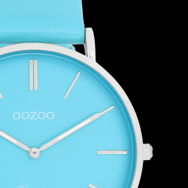 Silver Coloured Oozoo Watch With Bright Blue Leather Strap