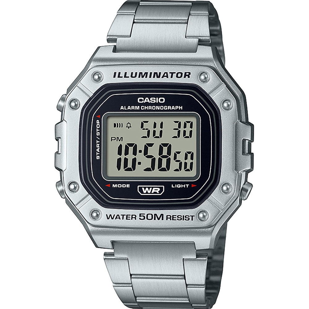 Casio Classic Retro Sport Stainless Steel Square Silver Digital Watch. Model: W218HD-1A