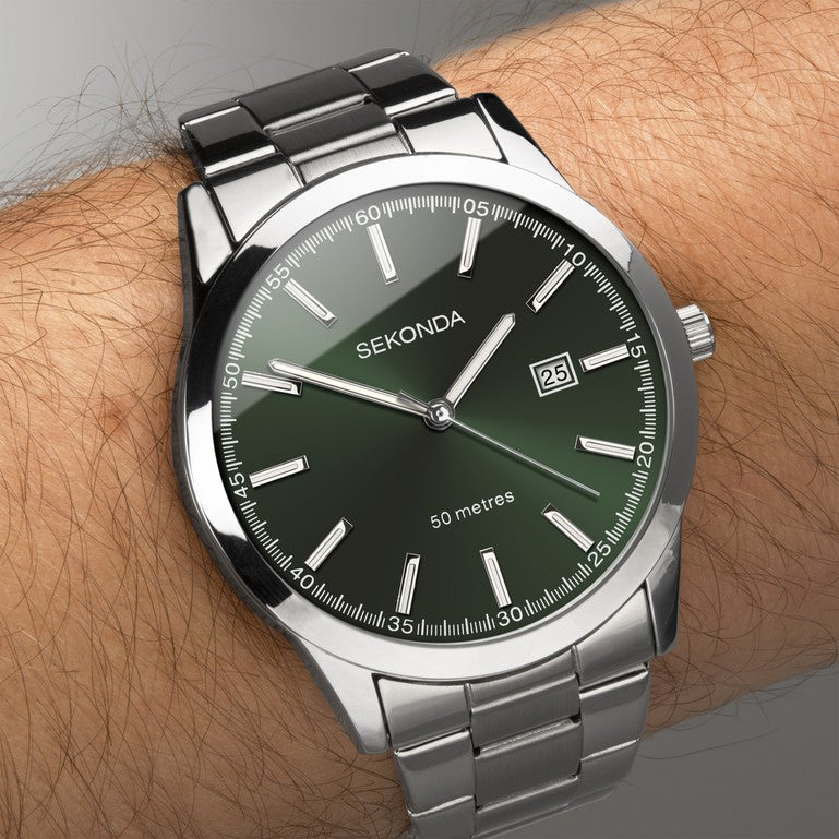 Sekonda Taylor Men's Watch | Silver Case & Stainless Steel Bracelet with Green Dial