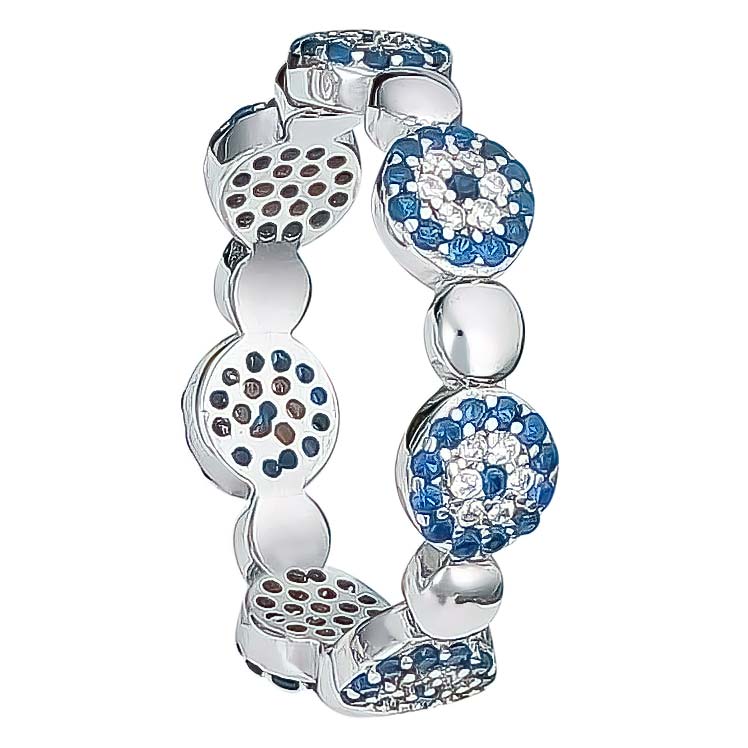 Rhodium Plated Sterling Silver Blue Evil Eye Ring