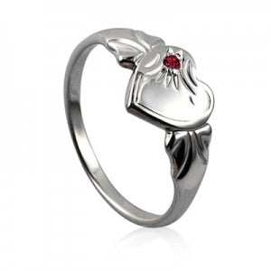 Silver Single Heart Signet Ring with Garnet