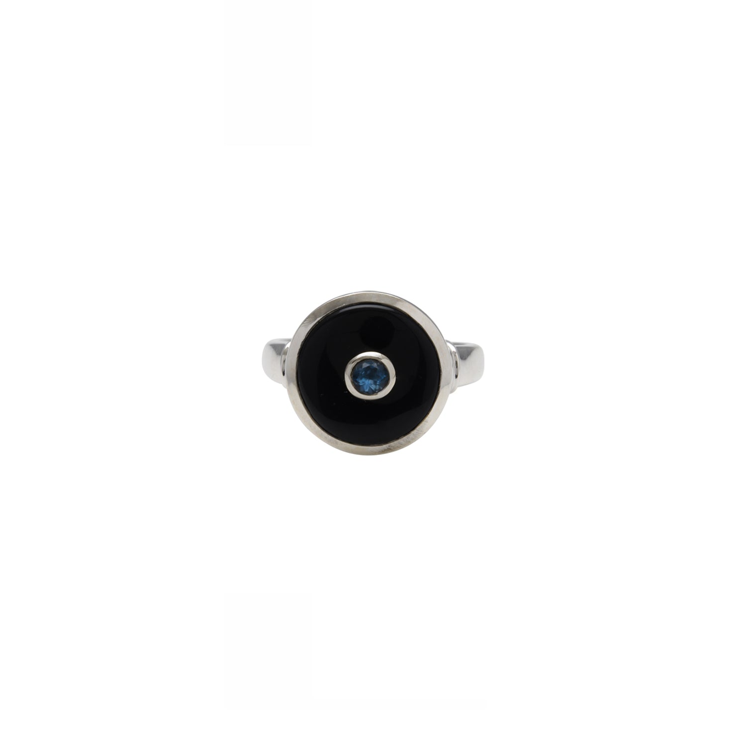 Sterling Silver 12mm Round Black Onyx and Blue Topaz Ring