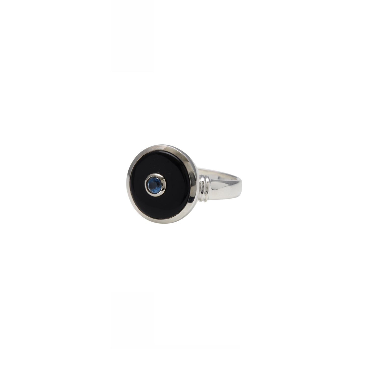 Sterling Silver 12mm Round Black Onyx and Blue Topaz Ring