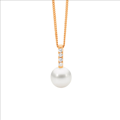 Ellani Rose Gold Plated Cubic Zirconia Drop Bar Pendant with Freshwater Pearl