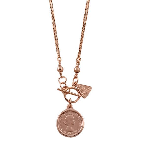Von Treskow Rose Gold Double Box Chain with Threepence Coin Necklace