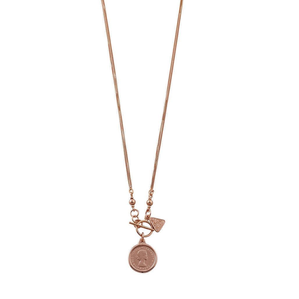 Von Treskow Rose Gold Double Box Chain with Threepence Coin Necklace