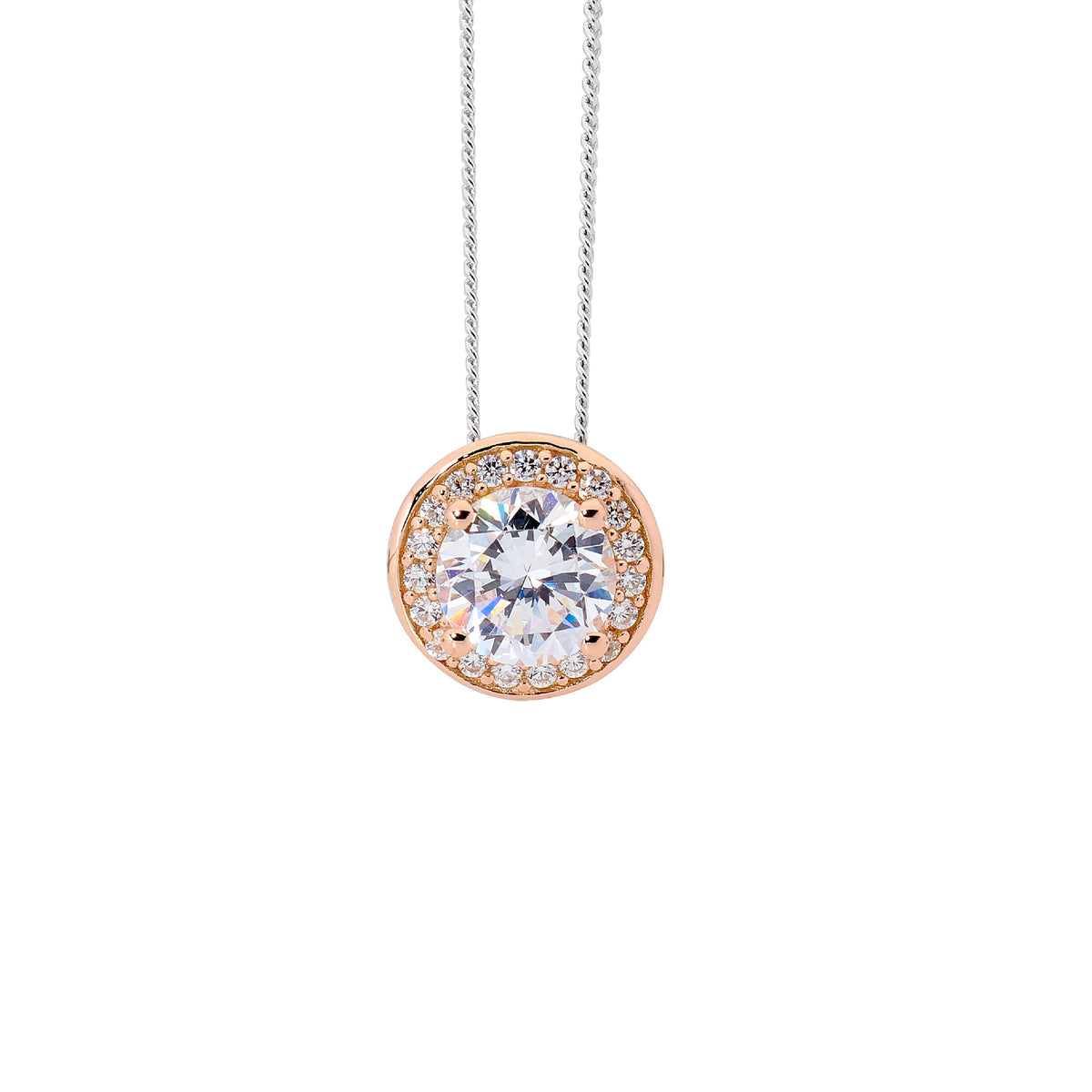 Ellani Solitaire with Halo &amp; Rose Gold Plating Pendant