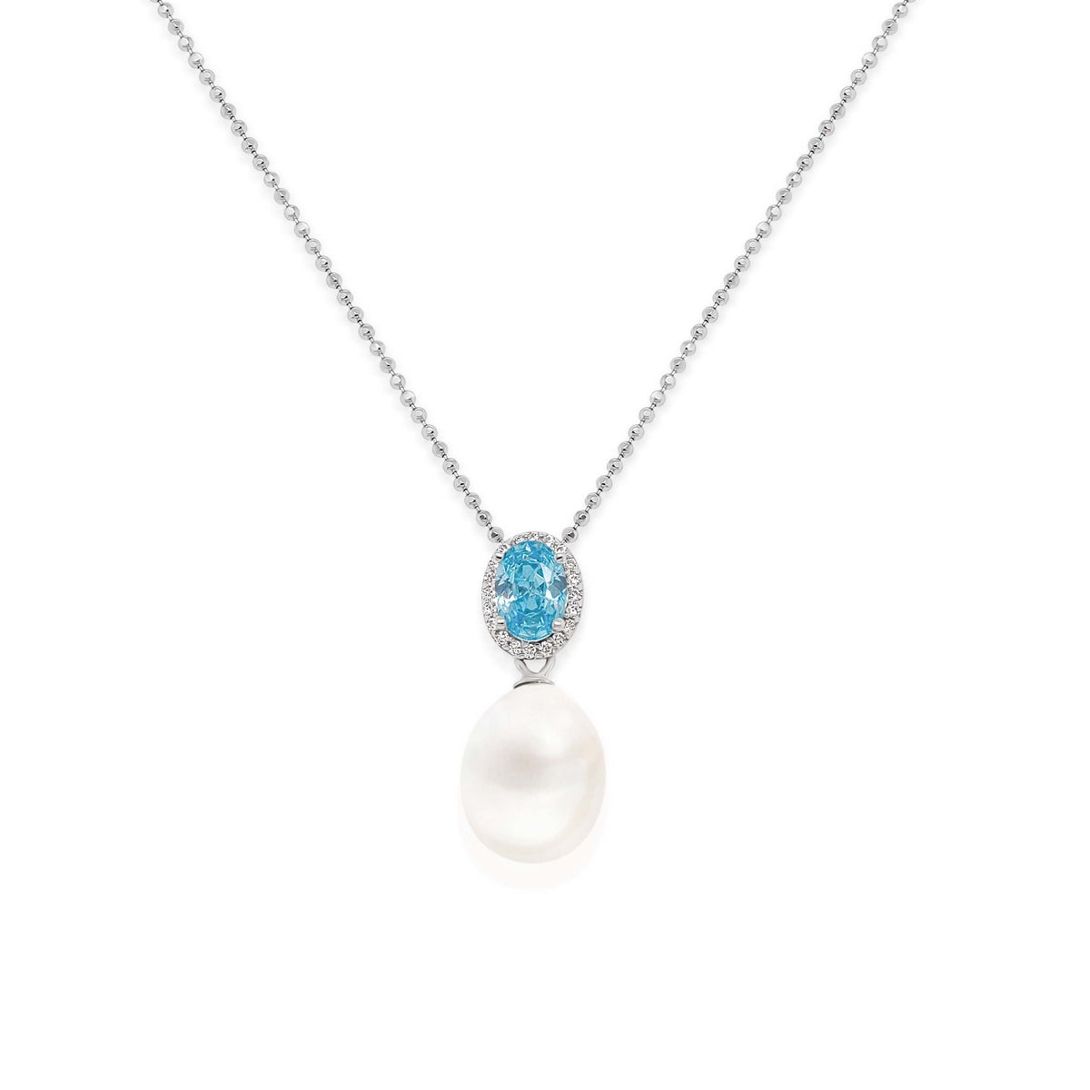 Sterling Silver Aqua CZ Halo &amp; Freshwater Pearl Necklace