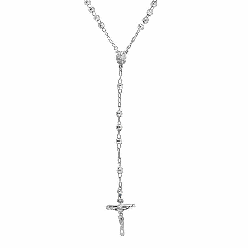 Sterling Silver Diamond Cut Rosary Necklace With Crucifix
