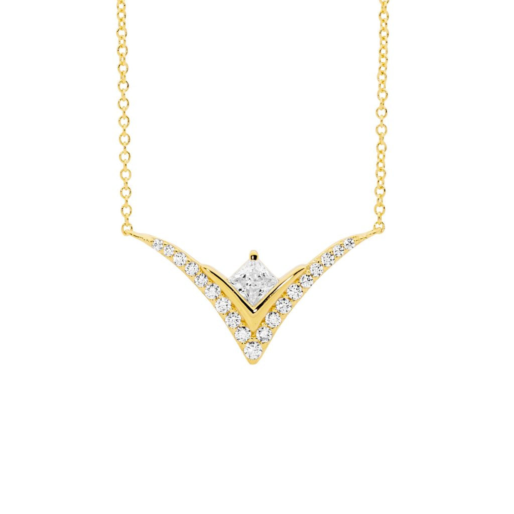 Ellani Princess Cut Cubic Zirconia Wishbone Necklace in Sterling Silver