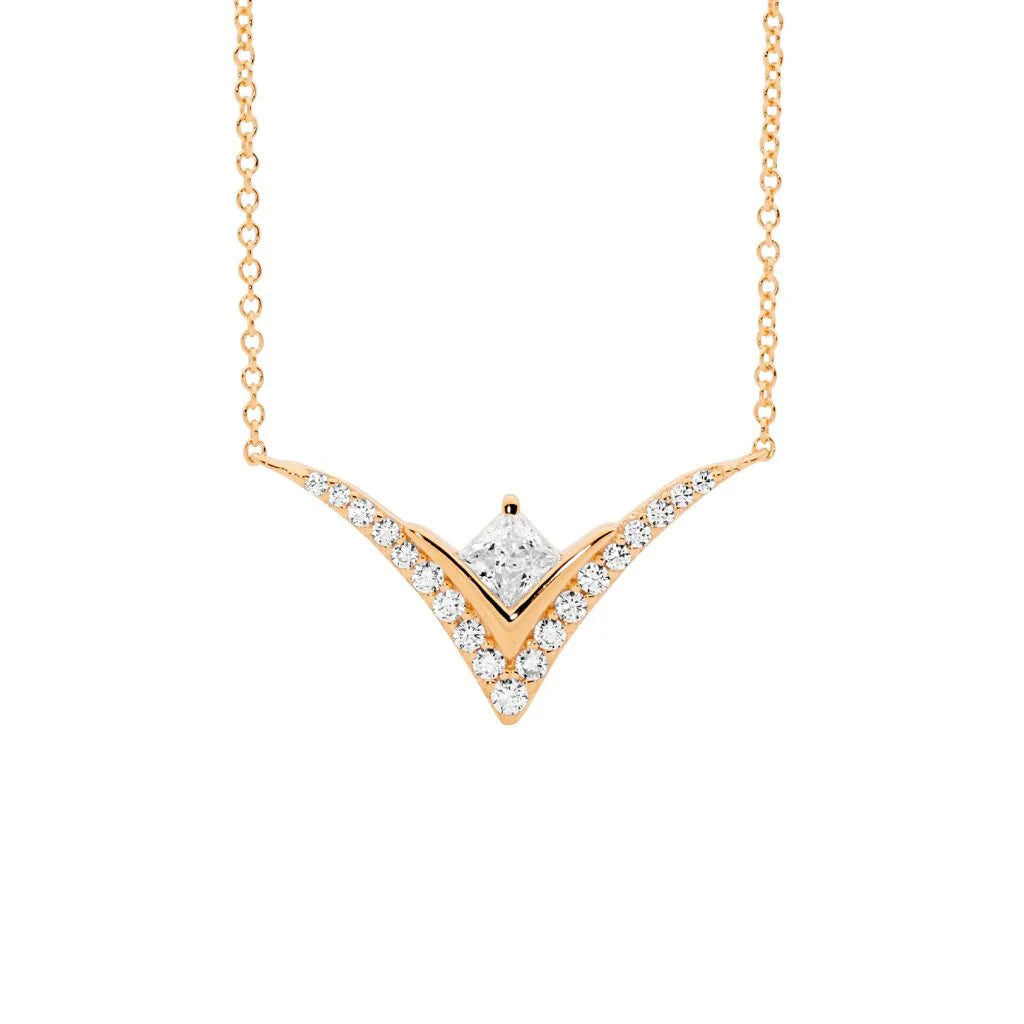 Ellani Princess Cut Cubic Zirconia Wishbone Necklace in Sterling Silver