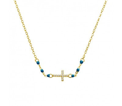 Sterling Silver Short Necklace With Nano Turquoise And Cubic Zirconia Cross