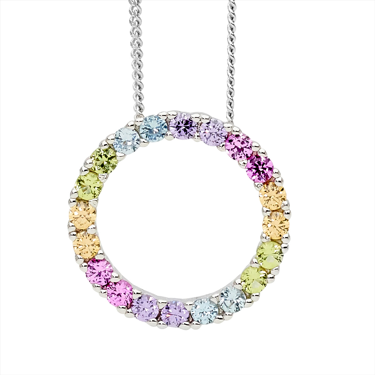 Sterling Silver Pastel Coloured Cubic Zirconia Open Circle Pendant