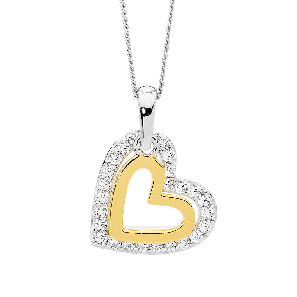 Sterling Silver Plain Double Heart Cubic Zirconia Pendant with Gold Plating