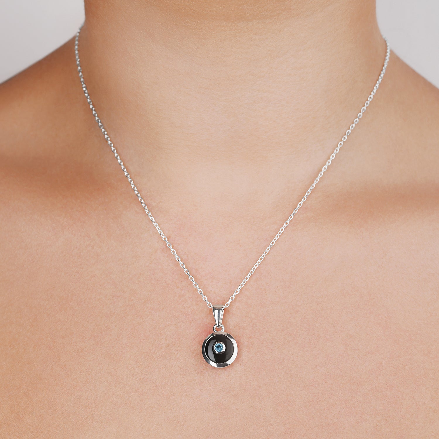 Sterling Silver Adjustable Belcher Chain Necklace With 12mm Round Black Onyx And Blue Topaz Pendant
