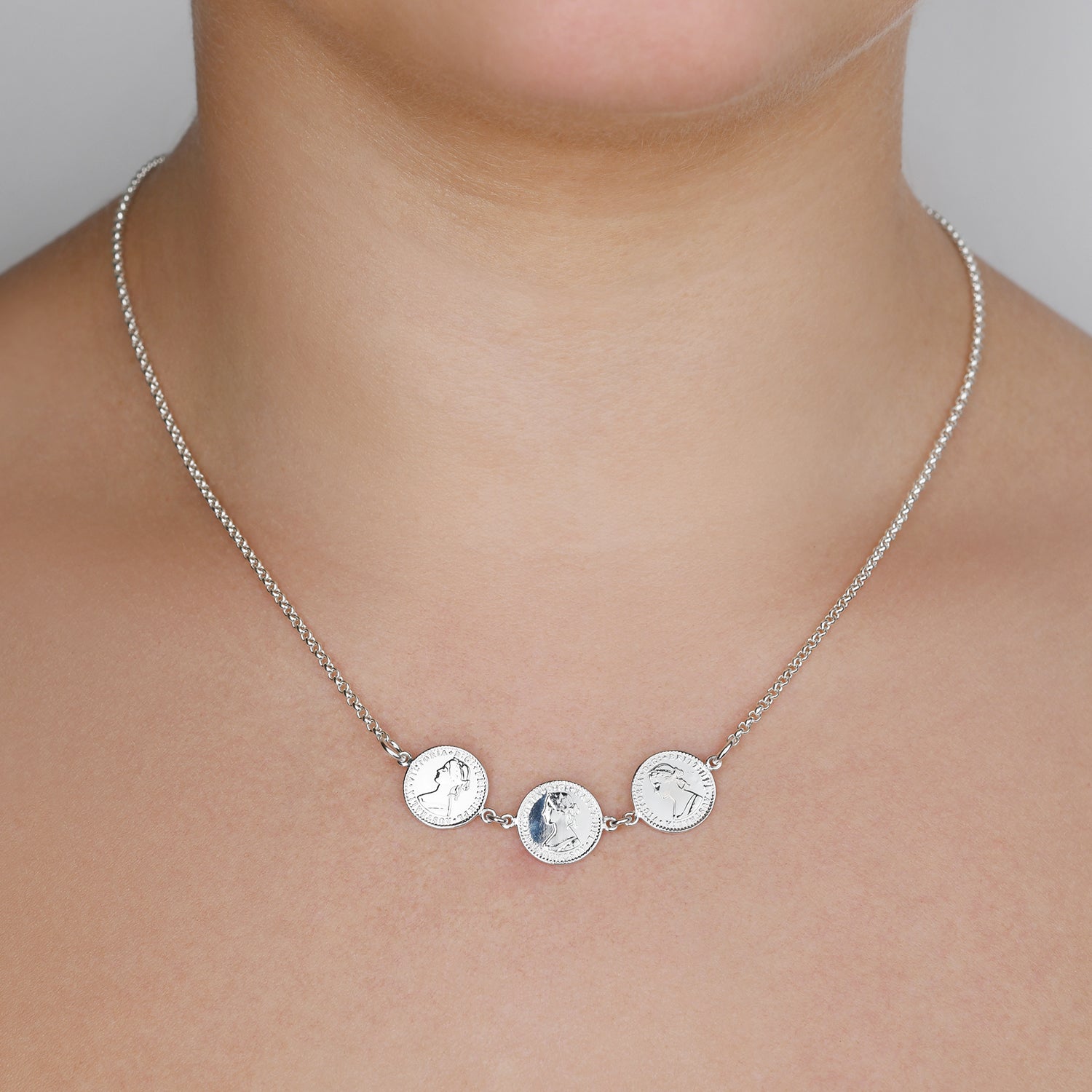 Sterling Silver Belcher Chain Necklace With Triple Tiny Tokens