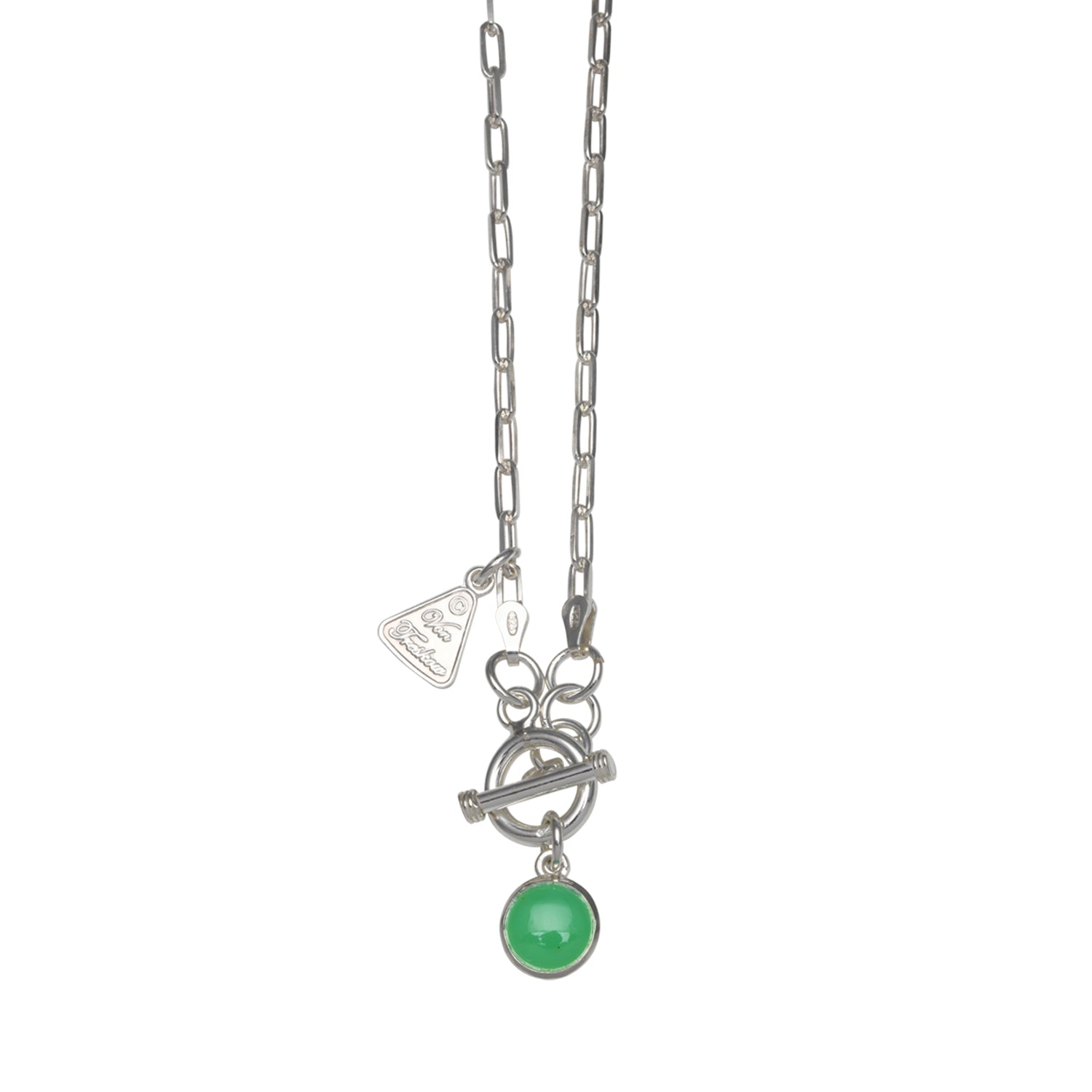 Sterling Silver Fine Clip Chain Toggle Necklace With 8mm Round Chrysoprase Pendant
