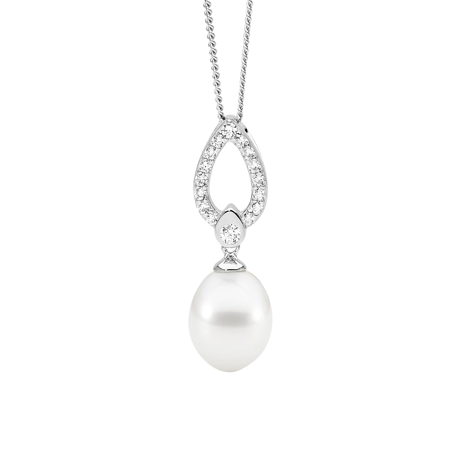 Ellani Sterling Silver Cubic Zirconia Open Drop Pendant with Freshwater Pearl and Chain