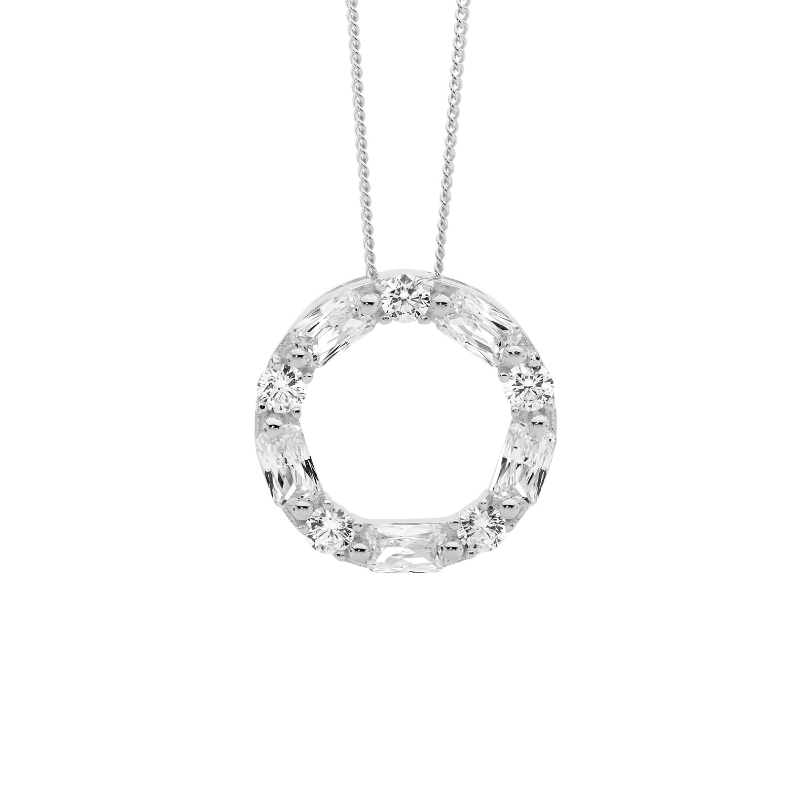 Ellani Sterling Silver Cubic Zirconia Round & Baguette 18mm Circle Pendant with Chain