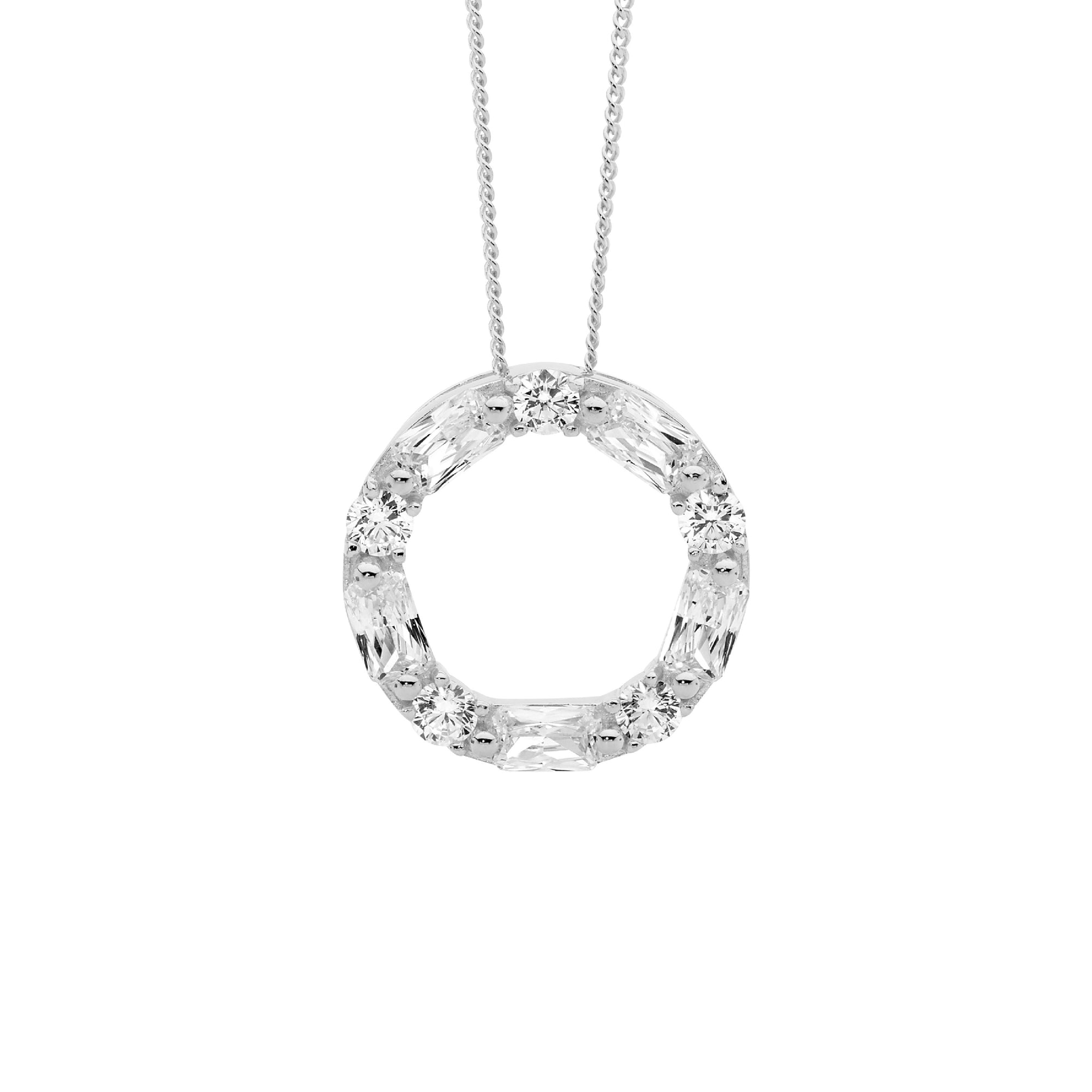 Ellani Sterling Silver Cubic Zirconia Round & Baguette 18mm Circle Pendant with Chain