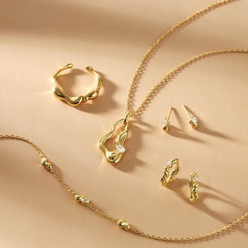 Gold Twisted Wave Drop Pendant Necklace 45+5cm