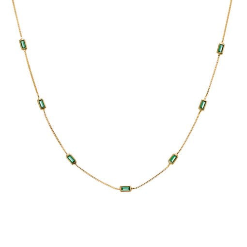 Sterling Silver Fine Box Chain Necklace With Multi Baguette Set Emerald CZ 45cm