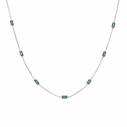 Sterling Silver Fine Box Chain Necklace With Multi Baguette Set Emerald CZ 40+5cm