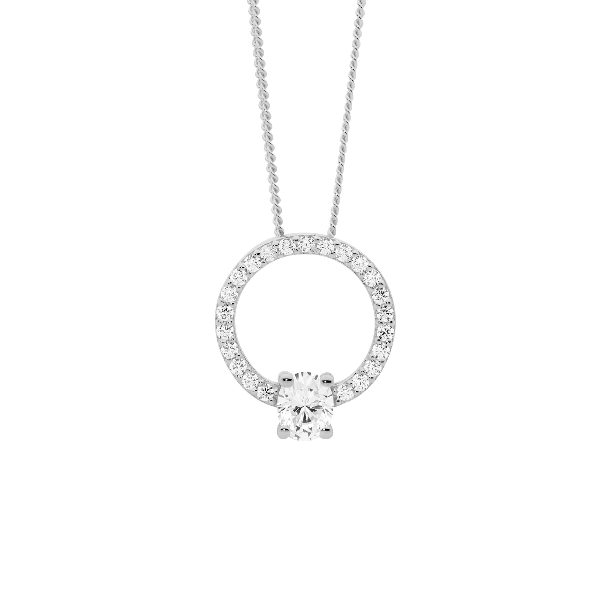 Ellani Sterling Silver Open Circle Pendant with Oval CZ