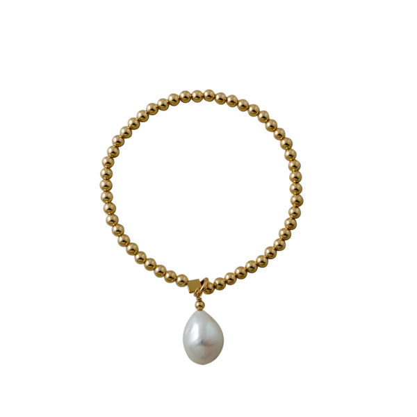 Von Treskow Gold Plated Filled 4mm Stretchy Ball Bracelet with Genuine Baroque Pearl