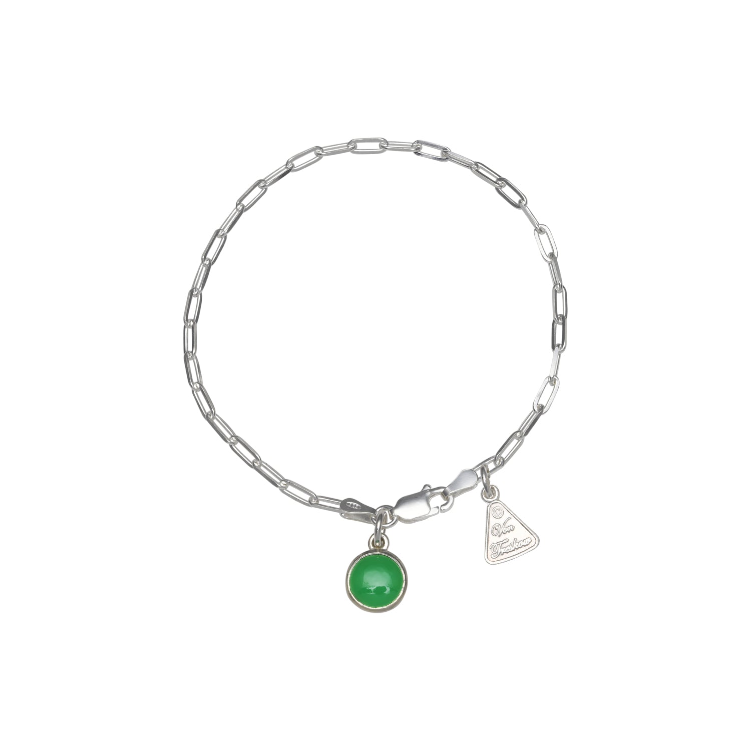 Sterling Silver Fine Clip Chain Bracelet With 8mm Round Chrysoprase Charm.