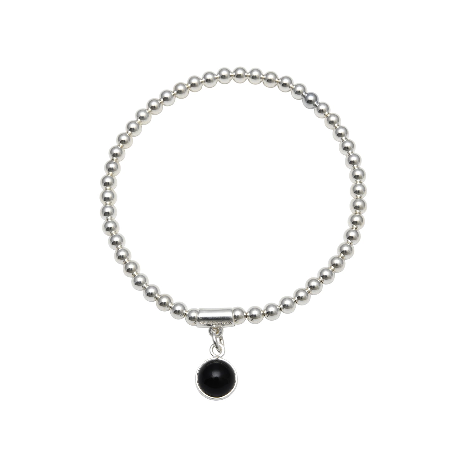 Sterling Silver 4mm Stretchy Ball Bracelet With 8mm Round Black Onyx Bead Charm.