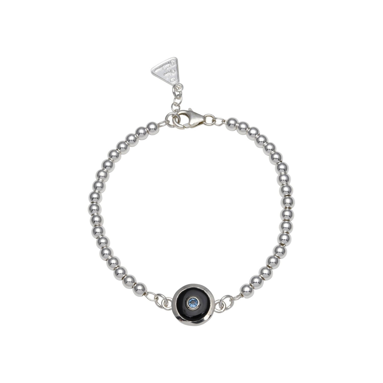 Sterling Silver 4mm Ball Bracelet With 10mm Round Double Hook Black Onyx And Blue Topaz Charm