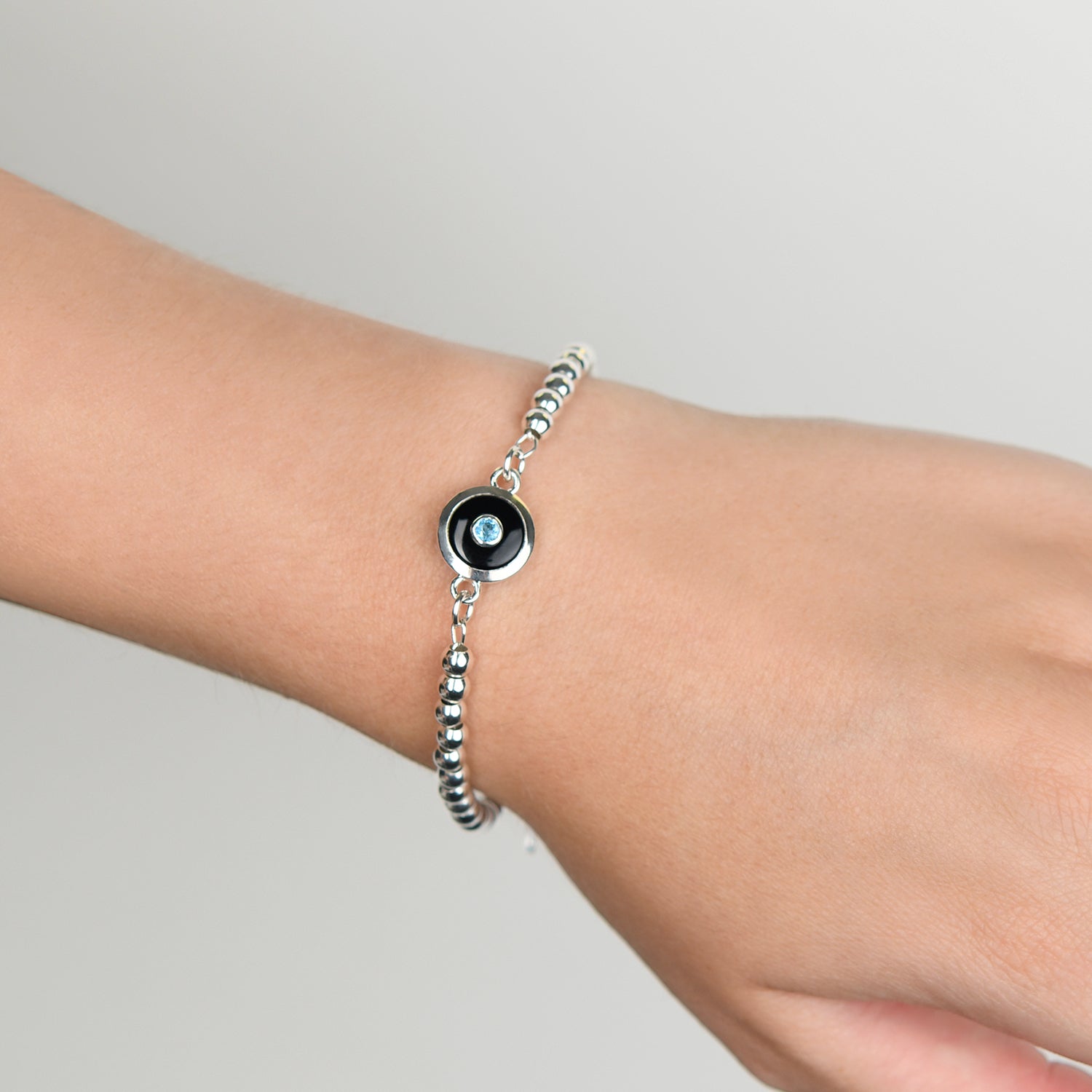 Sterling Silver 4mm Ball Bracelet With 10mm Round Double Hook Black Onyx And Blue Topaz Charm