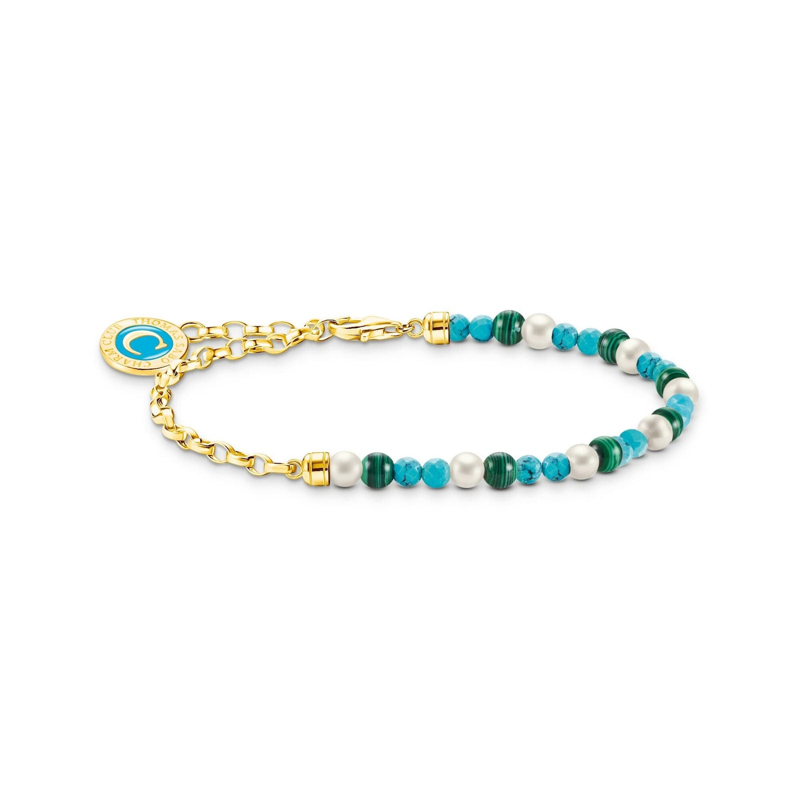 Thomas Sabo Bracelet With Pearls, Malachite And Charmista Disc Gold Plated 19cm