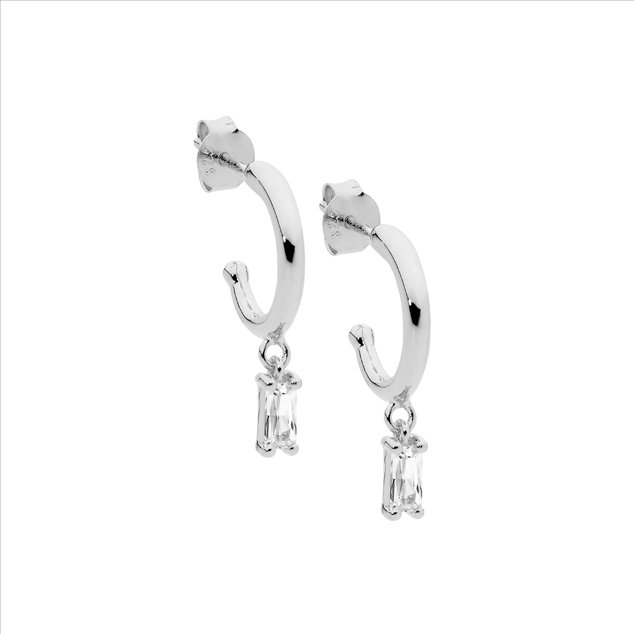 Ellani Sterling Silver 13mm Hoop Earrings with Baguette Drop