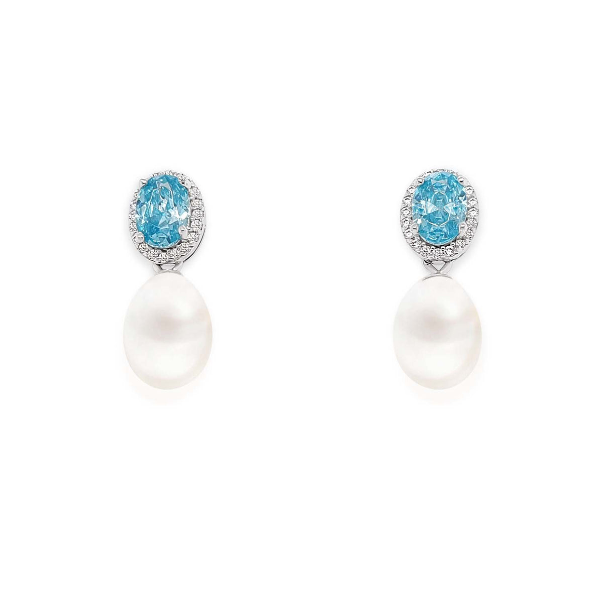 Sterling Silver Aqua CZ Halo &amp; Freshwater Pearl Drop Earrings