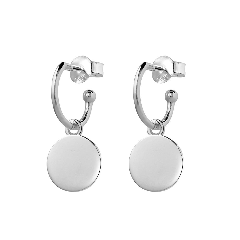 Half Hoop With Flat Disc Charm Earrings in Sterling Silver