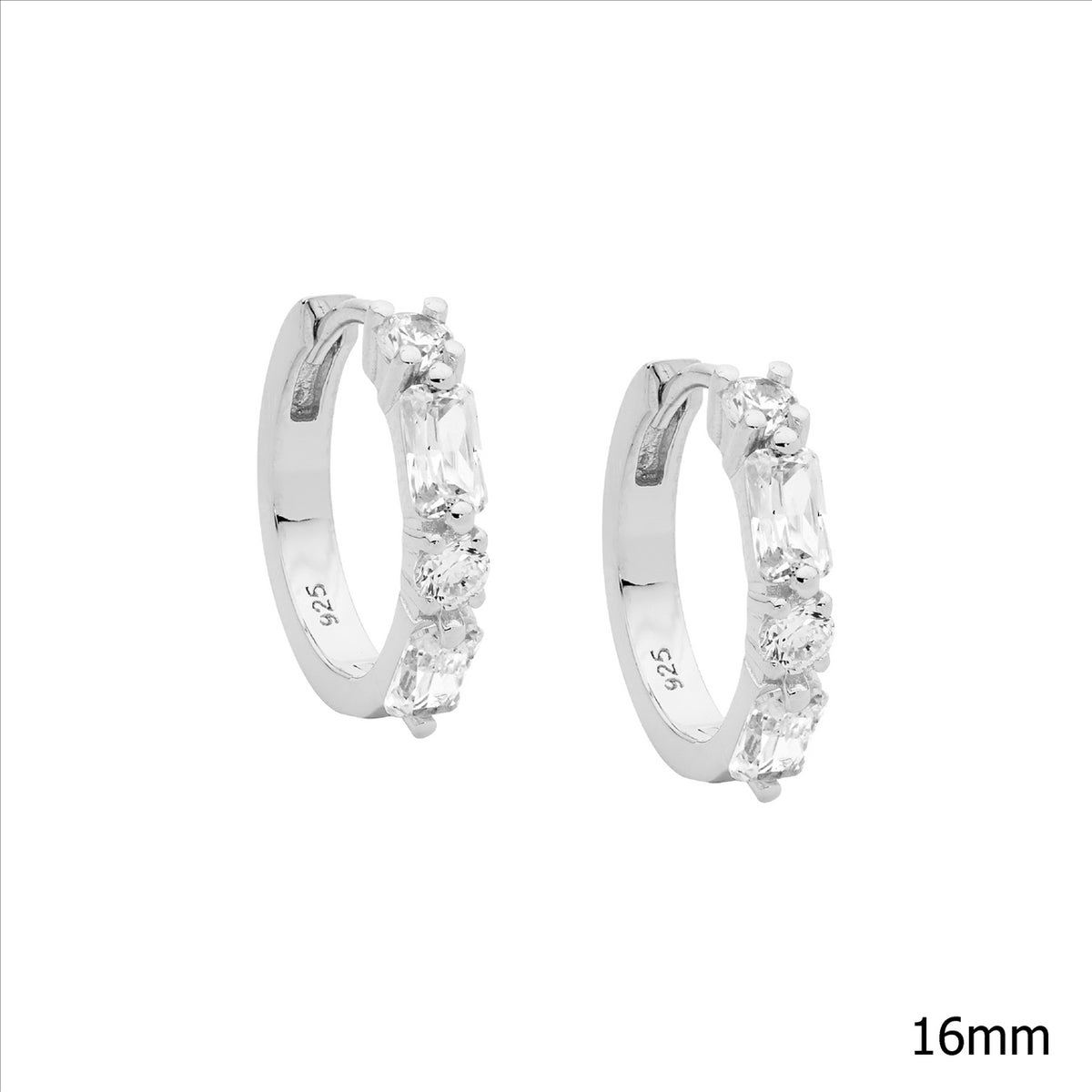 Sterling Silver with Cubic Zirconia Round And Baguette 16MM Hoop Earrings