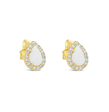 Yellow Gold Opal and CZ Stud Earrings