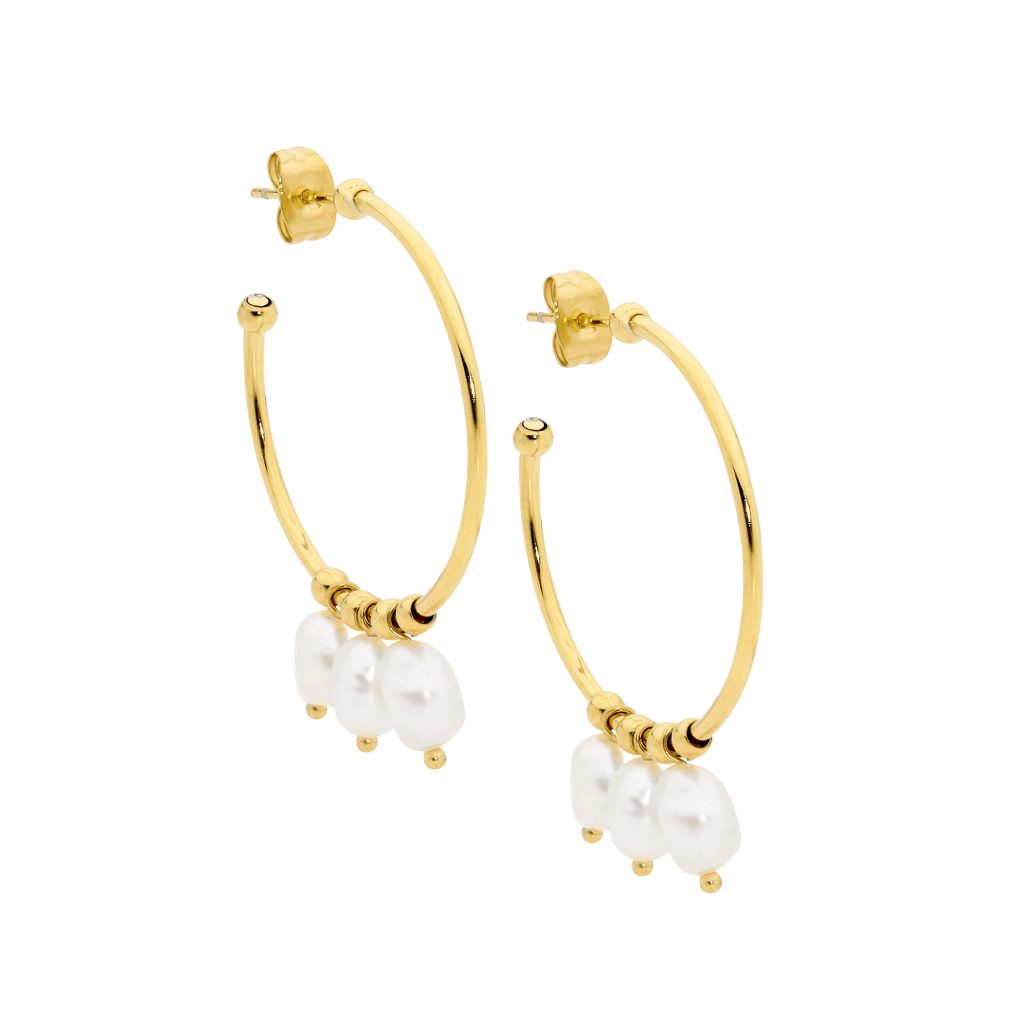 Ellani Gold Plated 3cm Hoop Earrings with 3 Freshwater Pearls