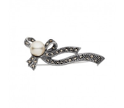 Marcasite Ribbon and Bow Brooch with Freshwater Pearl