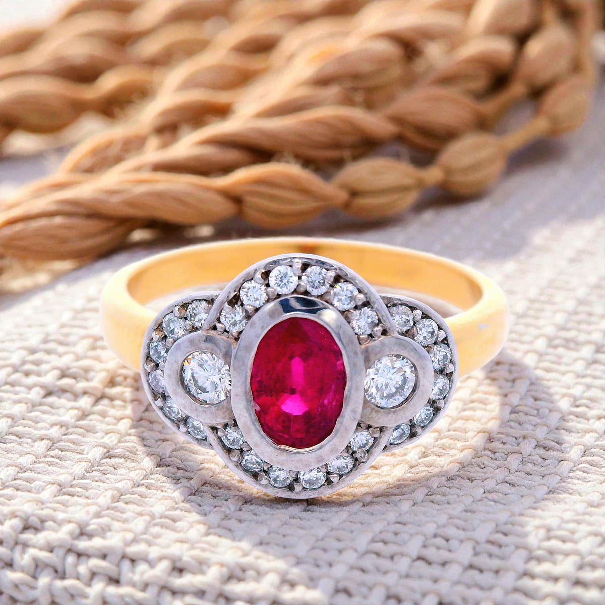 Oval Ruby & Diamond Halo Ring Set in 18ct Yellow and White Gold